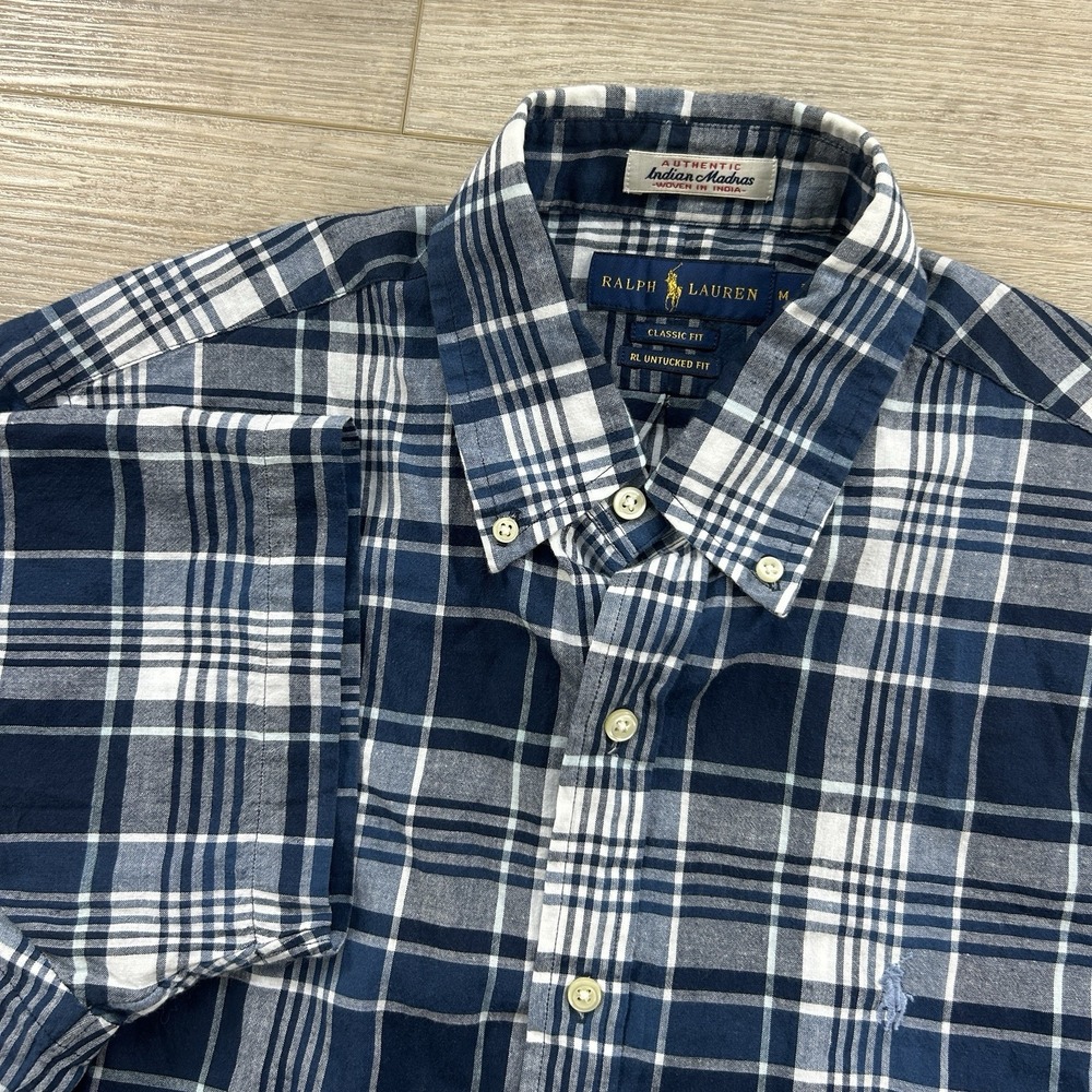 Ralph Lauren Medium Blue Plaid Classic Untucked Fit Indian Madras Short Sleeve
